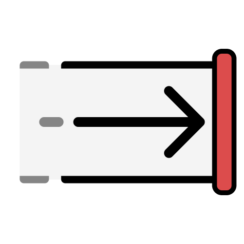 A rectangle where the left side is open, but the right side has a red edge. Inside it is a black arrow pointing rightwards. A faded line behind it represents another arrow being before it.